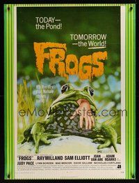 6w114 FROGS 1sh '72 great horror art of man-eating amphibian with human hand hanging from mouth!
