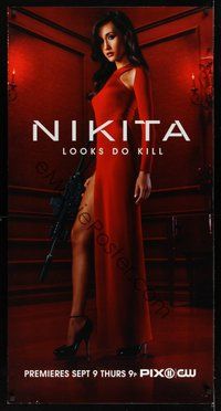 6w042 NIKITA TV DS teaser special 26x50 '10 full-length image of sexy Maggie Q in slinky red dress!