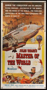 6x060 MASTER OF THE WORLD 3sh '61 Jules Verne, Vincent Price, cool art of enormous flying machine!