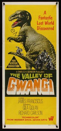 6x695 VALLEY OF GWANGI Aust daybill '69 Ray Harryhausen, cool image of cowboys battling dinosaurs!