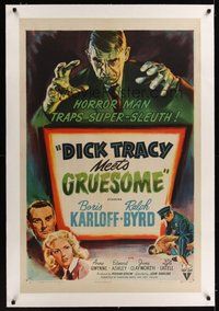 6x014 DICK TRACY MEETS GRUESOME linen 1sh '47 great artwork of Boris Karloff looming over title!