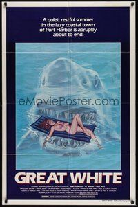 6x210 GREAT WHITE style A 1sh '82 great artwork of huge shark attacking sexy girl in bikini on raft!