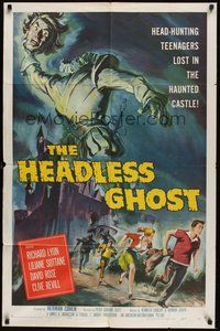 6x217 HEADLESS GHOST 1sh '59 head-hunting teenagers lost in the haunted castle, cool art by Brown!