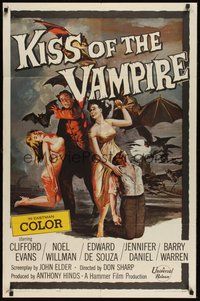 6x228 KISS OF THE VAMPIRE 1sh '63 Hammer, cool art of devil bats attacking by Joseph Smith!