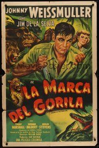 6x237 MARK OF THE GORILLA Spanish/U.S. 1sh '51 artwork of Johnny Weissmuller as explorer Jungle Jim!
