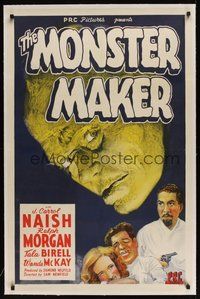 6x020 MONSTER MAKER linen 1sh '44 art of mad scientist J. Carrol Naish + huge c/u of disfigured man!