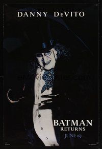 6y491 BATMAN RETURNS teaser 1sh '92 Danny DeVito as the Penguin, Tim Burton!