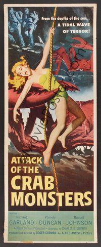 6y082 ATTACK OF THE CRAB MONSTERS insert '57 Roger Corman, art of sexy girl grabbed by beast!