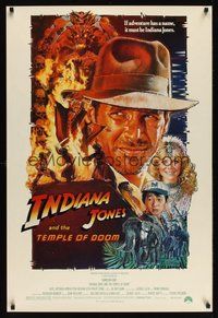 6y526 INDIANA JONES & THE TEMPLE OF DOOM 1sh '84 cool art of Harrison Ford by Drew Struzan!