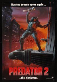 6y552 PREDATOR 2 teaser 1sh '90 great full-length artwork of alien hunter in L.A.!