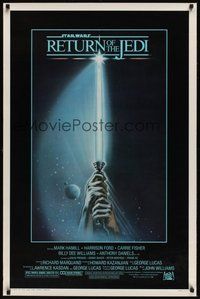 6y557 RETURN OF THE JEDI 1sh '83 George Lucas classic, great artwork of hands holding lightsaber!