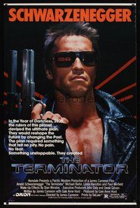 6y590 TERMINATOR 1sh '84 super close up of most classic cyborg Arnold Schwarzenegger with gun!