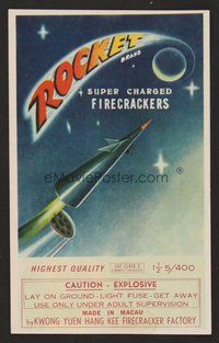 6z044 ROCKET BRAND SUPER CHARGED FIRECRACKERS firecracker label '70s artwork of space rocket!