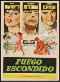 6z023 FIRE DOWN BELOW Spanish herald '57 Jano art of Rita Hayworth, Robert Mitchum & Jack Lemmon!