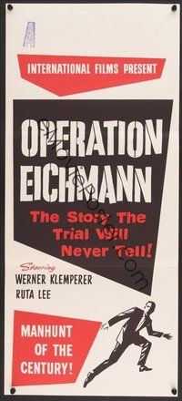 7a042 OPERATION EICHMANN New Zealand daybill '61 the man hunt of the century for the Nazi butcher!