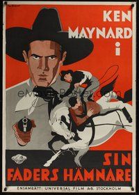 7a066 GUN JUSTICE Swedish '33 really cool art deco style art of Ken Maynard in western action!