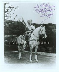7c300 ROY ROGERS signed 8x10 REPRO still '80s great portrait sitting on Trigger & swinging lasso!