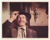 7c178 CHARLES BRONSON signed color 8x10 REPRO still '80s head & shoulders portrait smiling big!