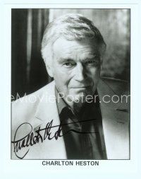 7c180 CHARLTON HESTON signed 8x10 REPRO still '90s head & shoulders portrait with serious look!