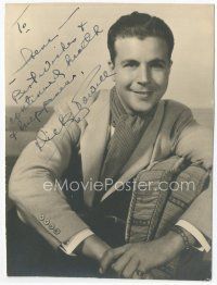 7c036 DICK POWELL signed deluxe 6x8 still '30s smiling portrait leaning over chair!