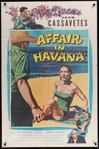 7d020 AFFAIR IN HAVANA 1sh '57 John Cassavetes in Cuba, art of Sara Shane in swimsuit on beach!