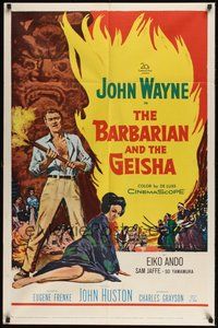 7d060 BARBARIAN & THE GEISHA 1sh '58 John Huston, art of John Wayne with torch & Eiko Ando!
