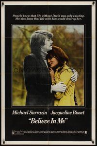 7d067 BELIEVE IN ME 1sh '71 close up of Michael Sarrazin holding Jacqueline Bisset!