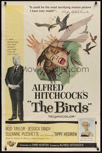 7d079 BIRDS 1sh '63 Alfred Hitchcock, art of Tippi Hedren attacked by birds!