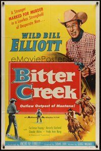 7d081 BITTER CREEK 1sh '54 Wild Bill Elliot thunders out of the badlands of Montana!