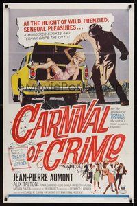 7d137 CARNIVAL OF CRIME 1sh '64 wild art of murderer putting tied up girl into car trunk!