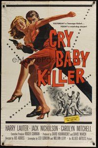7d189 CRY BABY KILLER 1sh '58 first Jack Nicholson, really cool art of criminal w/girl and gun!