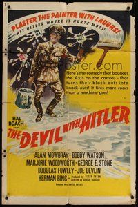7d210 DEVIL WITH HITLER 1sh '42 hit Hitler where it hurts most, wacky art!