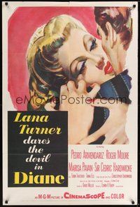 7d216 DIANE 1sh '56 sexy Lana Turner dares the devil, great close up romantic artwork!