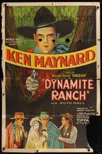 7d005 DYNAMITE RANCH 1sh '32 stone litho artwork of Ken Maynard with six-shooter, Ruth Hall!