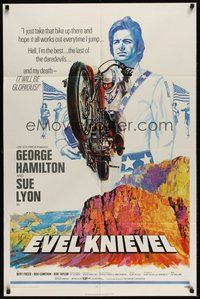 7d259 EVEL KNIEVEL 1sh '71 George Hamilton is THE daredevil, great art of motorcycle jump!