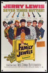 7d273 FAMILY JEWELS 1sh '65 wacky Jerry Lewis is seven times nuttier in seven roles!