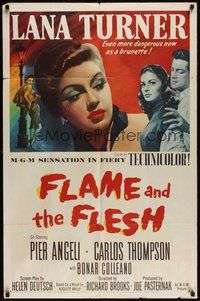 7d296 FLAME & THE FLESH 1sh '54 artwork of sexy brunette bad girl Lana Turner, plus Pier Angeli!