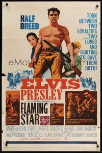 7d298 FLAMING STAR 1sh '60 Elvis Presley playing guitar & close up with rifle, Barbara Eden