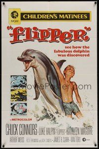 7d303 FLIPPER 1sh R70 Chuck Connors, Luke Halpin, cool art of boy & dolphin!