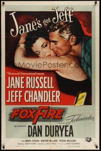 7d309 FOXFIRE 1sh '55 close up artwork of sexy Jane Russell, Jeff Chandler!