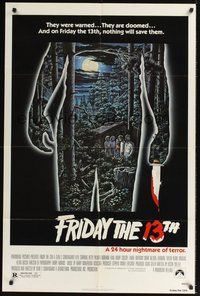 7d312 FRIDAY THE 13th 1sh '80 great Alex Ebel art, slasher horror classic, 24 hours of terror!