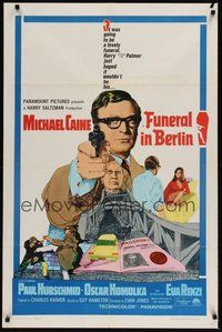 7d317 FUNERAL IN BERLIN 1sh '67 cool art of Michael Caine pointing gun, directed by Guy Hamilton!