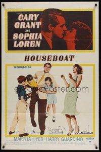 7d415 HOUSEBOAT 1sh '58 romantic close up of Cary Grant & beautiful Sophia Loren!