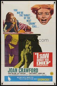 7d427 I SAW WHAT YOU DID 1sh '65 Joan Crawford, William Castle, you may be the next target!