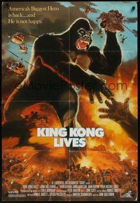 7d483 KING KONG LIVES 1sh '86 great artwork of huge unhappy ape attacked by army!