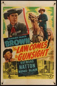 7d508 LAW COMES TO GUNSIGHT 1sh '47 great images of tough cowboy Johnny Mack Brown!