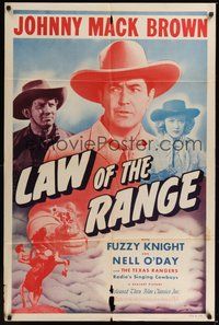 7d509 LAW OF THE RANGE 1sh R48 great close up of Johnny Mack Brown with gun, Fuzzy Knight!