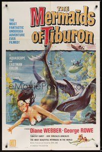 7d575 MERMAIDS OF TIBURON 1sh '62 Diane Webber, underwater art of sexy mermaid & shark!