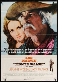 7d587 MONTE WALSH 1sh '70 super close up of cowboy Lee Marvin & pretty Jeanne Moreau!