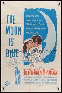 7d590 MOON IS BLUE white style 1sh '53 William Holden, Maggie McNamara is a virgin, Otto Preminger!